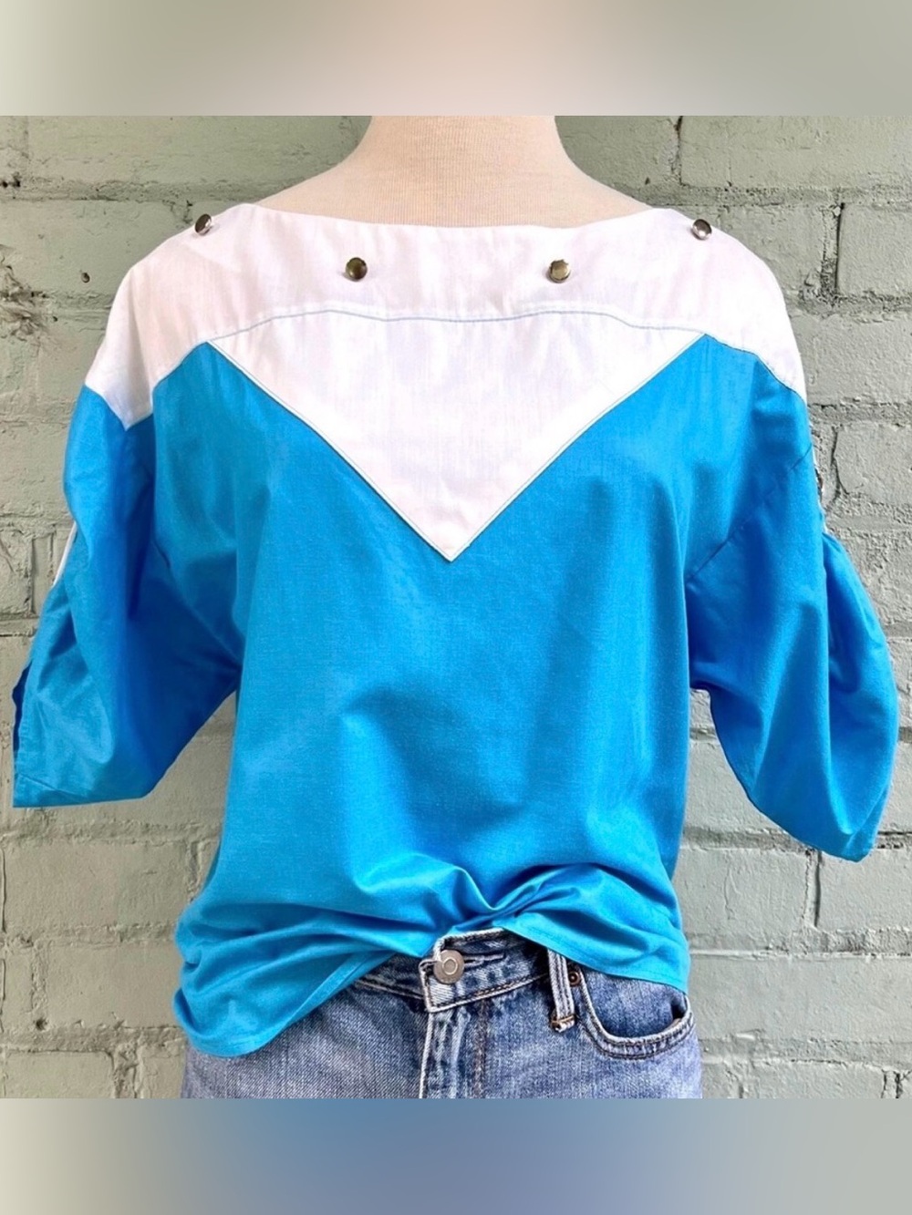 Vintage Blue & White Colorblock Boatneck Top